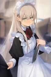 Rule 34 | 1girl, 1other, apron, black dress, blurry, blurry background, blush, bow, bowtie, brown hair, cup, dress, green eyes, highres, holding, holding cup, indoors, juliet sleeves, long hair, long sleeves, looking at viewer, maid apron, maid day, maid headdress, nishikikope, nose blush, original, out of frame, pout, puffy sleeves, red bow, red bowtie, shirt tug, upper body