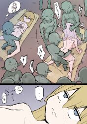 Rule 34 | ..., 2girls, 6+boys, absurdres, all fours, barefoot, blonde hair, blue eyes, body freckles, bound, bound wrists, comic, commentary, completely nude, doggystyle, double penetration, elf, empty eyes, fantasy, freckles, goblin, group sex, highres, long hair, lying, missionary, multiple boys, multiple girls, nude, on back, original, pink hair, pointy ears, rape, sex, sex from behind, shino (yaruki nai yatsu), spoken ellipsis, sweat, translated