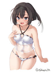 Rule 34 | 1girl, akizuki (kancolle), bikini, black hair, black headband, blue eyes, blush, breasts, collarbone, cowboy shot, ebifurya, hachimaki, hair between eyes, hand on own chest, headband, highres, kantai collection, lips, looking at viewer, official alternate costume, one-hour drawing challenge, ponytail, simple background, small breasts, smile, solo, swimsuit, twitter username, white background, white bikini