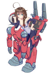 Rule 34 | 1girl, ahoge, armor, black hair, blue eyes, bodysuit, braid, breasts, brown hair, cosplay, guncannon, guncannon (cosplay), gundam, hair between eyes, hair flaps, hair ornament, hair over shoulder, hardsuit, helmet, kantai collection, looking at viewer, mobile suit gundam, moke ro, power armor, shigure (kancolle), shoulder cannon, simple background, single braid, small breasts, solo, white background