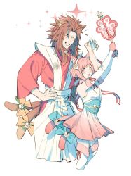 Rule 34 | 1boy, 1girl, animal ears, bell, brother and sister, brown hair, cat ears, cat girl, cat tail, collar, elbow gloves, closed eyes, fire emblem, fire emblem fates, fox ears, fox girl, fox tail, gloves, grin, hand fan, holding, japanese clothes, long hair, neck bell, nintendo, pink hair, ryoma (fire emblem), sakura (fire emblem), siblings, simple background, smile, tail, white background