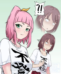 !? 2girls absurdres breast_envy breasts brown_hair chinese_commentary closed_mouth collarbone commentary_request fang flat_chest girls_band_cry green_eyes highres iseri_nina large_breasts low_twintails medium_hair multiple_girls mutsuki_(mutsuki0110) one_side_up open_mouth pink_hair shikai_no_sumi_kuchiru_oto shirt shirt_partially_tucked_in short_sleeves short_twintails skin_fang twintails watase_kiui white_shirt wide-eyed yoru_no_kurage_wa_oyogenai