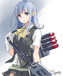 Rule 34 | 10s, 1girl, aoi rin (miya1102), blue eyes, blue hair, bow, dated, gloves, hatsukaze (kancolle), kantai collection, long hair, machinery, matching hair/eyes, pleated skirt, signature, sketch, skirt, solo, torpedo, uniform, vest, white gloves, yellow bow