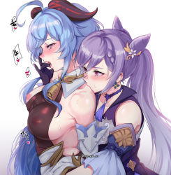 Rule 34 | 2girls, ahoge, bare shoulders, bell, black bodysuit, black gloves, blue hair, bodysuit, breasts, commentary, cowbell, detached sleeves, double bun, earrings, finger in another&#039;s mouth, ganyu (genshin impact), genshin impact, gloves, goat horns, hair bun, hair ornament, hand under clothes, horns, jewelry, keqing (genshin impact), large breasts, long hair, looking at another, multiple girls, negom, nipple slip, nipples, open mouth, purple eyes, purple hair, saliva, see-through, sweat, twintails, twitter username, yuri