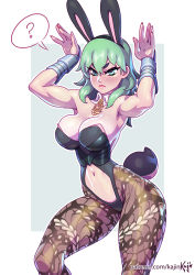 Rule 34 | 1girl, ?, animal ears, blush, breasts, byleth (female) (fire emblem), byleth (fire emblem), cleavage, closed mouth, clothing cutout, detached collar, fake animal ears, fake tail, fire emblem, fire emblem: three houses, gauntlets, green eyes, green hair, hands up, kajin (kajinman), large breasts, leotard, medium hair, navel, navel cutout, nintendo, pantyhose, playboy bunny, rabbit ears, rabbit tail, shiny skin, simple background, solo, spoken question mark, tail, thighs, veins, veiny breasts, watermark, web address