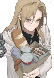 Rule 34 | 1boy, absurdres, bag, black jacket, blonde hair, bread, can, cbow, coat, edward elric, fullmetal alchemist, furrowed brow, hair between eyes, highres, holding, holding bag, jacket, linked sausages, loaf of bread, long hair, long sleeves, looking at viewer, male focus, paper bag, parted bangs, prosthesis, prosthetic arm, solo, upper body, white background, white coat, yellow eyes