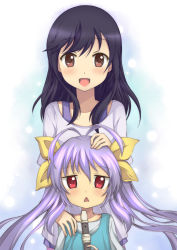 Rule 34 | 2girls, :d, antenna hair, black hair, brown eyes, flute, hair ribbon, hand on another&#039;s head, highres, ichijou hotaru, instrument, looking at viewer, miyauchi renge, multiple girls, non non biyori, open mouth, purple hair, recorder, red eyes, ribbon, smile, triangle mouth, twintails, whitewisewolf, wisewolf art
