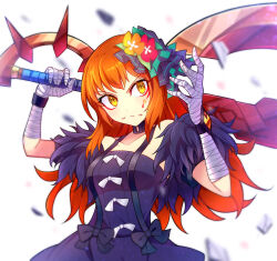 Rule 34 | 1girl, bandaged arm, bandages, black choker, black dress, choker, closed mouth, dress, facial mark, feather trim, fire emblem, fire emblem engage, flower, hair flower, hair ornament, holding, holding weapon, kanemitsu411, long hair, looking at viewer, makeup, nintendo, orange hair, panette (fire emblem), solo, weapon, white background, yellow eyes