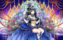 Rule 34 | 1girl, ankle lace-up, bad id, bad pixiv id, bird, bird on hand, black hair, blue eyes, blue nails, bouquet, bow, breasts, cleavage, cross-laced footwear, crown, detached sleeves, dress, earrings, flower, frilled dress, frills, glint, hime cut, hydrangea, jewelry, lily (flower), lipstick, long hair, long sleeves, looking at viewer, makeup, medium breasts, nail polish, orange flower, orange rose, original, red flower, red lips, red rose, ribbon, rose, shainea, sitting, sky, solo, staff, star (sky), starry sky, very long hair, watermark, web address, yellow flower, yellow rose