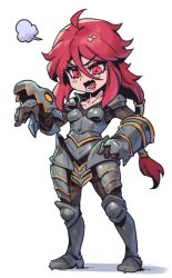 Rule 34 | 1girl, ahoge, armor, armored boots, blush, boots, breasts, brown gloves, collarbone, fangs, full armor, full body, gauntlets, gloves, hair between eyes, league of legends, long hair, lower teeth only, open mouth, phantom ix row, ponytail, red eyes, red hair, shoulder plates, shyvana, small breasts, solo, standing, teeth, transparent background