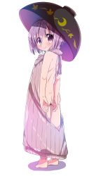 Rule 34 | 1girl, absurdres, ass, barefoot, belc marron, blush, bowl, bowl hat, dimples of venus, full body, hat, highres, meme attire, mini person, minigirl, naked sweater, oversized clothes, purple eyes, purple hair, ribbed sweater, short hair, smile, solo, sukuna shinmyoumaru, sweater, touhou, virgin killer sweater