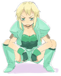 Rule 34 | 1girl, blonde hair, boots, excel, excel saga, fang, female focus, fingerless gloves, gloves, green eyes, open mouth, satsuyo, shorts, solo, squatting