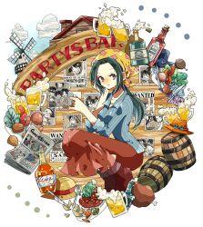 Rule 34 | 1girl, alcohol, beer, beer mug, blue shirt, boots, cloud, commentary, cup, food, fork, green hair, hat, head scarf, highres, holding, holding cup, knife, long nose, long skirt, looking at viewer, makino (one piece), meat, monkey d. luffy, mug, nami (one piece), newspaper, noise pp, one piece, orange hat, photo (object), ponytail, portgas d. ace, roronoa zoro, sabo (one piece), sanji (one piece), shirt, sidelocks, skirt, smile, solo, straw hat, striped clothes, striped shirt, tony tony chopper, usopp, vertical-striped clothes, vertical-striped shirt, windmill