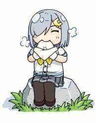 Rule 34 | 1girl, baozi, black pantyhose, blue sailor collar, blush, brown footwear, commentary request, eating, closed eyes, food, grass, grey skirt, hair ornament, hairclip, hama! (3toshinhmkz), hamakaze (kancolle), holding, kantai collection, neckerchief, pantyhose, plant, pleated skirt, sailor collar, school uniform, shadow, shirt, shoes, short hair, silver hair, simple background, sitting, skirt, solo, steam, stone, uniform, white background, white shirt, yellow neckerchief