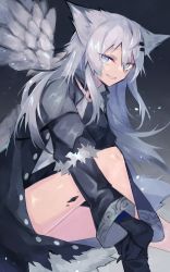Rule 34 | 1girl, animal ears, arknights, bare legs, black coat, black dress, black footwear, black gloves, boots, coat, commentary request, dress, gloves, grey background, grey eyes, grin, highres, knee up, lappland (arknights), lappland (refined horrormare) (arknights), long hair, looking at viewer, looking to the side, material growth, official alternate costume, open clothes, open coat, oripathy lesion (arknights), sasa onigiri, scar, scar across eye, scar on face, sharp teeth, shirt, short dress, silver hair, sitting, smile, solo, teeth, white shirt, wolf ears