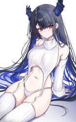 Rule 34 | 1girl, absurdres, aran legwear, asymmetrical horns, bare shoulders, black hair, blue hair, blush, breasts, colored inner hair, demon horns, garter straps, hair ornament, highres, hololive, hololive english, horns, large breasts, long hair, looking at viewer, meme attire, mole, mole under eye, multicolored hair, navel, nerissa ravencroft, red eyes, ribbed legwear, ribbed panties, ribbed sleeves, ribbed sweater, ribbed thighhighs, rosebell, sitting, sleeveless, sleeveless sweater, sleeveless turtleneck, smile, solo, sweater, thighs, turtleneck, turtleneck sweater, two-tone hair, uneven horns, very long hair, virgin destroyer sweater, virtual youtuber, white garter straps, white sweater