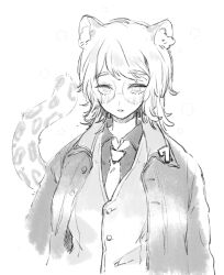 Rule 34 | 1girl, animal ears, coat, collared shirt, faust (project moon), greyscale, highres, leopard ears, leopard tail, limbus company, long sleeves, looking at viewer, monochrome, necktie, project moon, round eyewear, shirt, solo, tail, uchimura (rino0525), upper body, vest