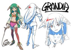 Rule 34 | 1girl, closed mouth, commentary request, feena (grandia), grandia, grandia i, green eyes, green hair, hair ornament, hair tubes, jewelry, kurita shin&#039;ichi, long hair, looking at viewer, low-tied long hair, midriff, navel, necklace, open mouth, simple background, skirt, smile, solo, thighhighs, whip, white background