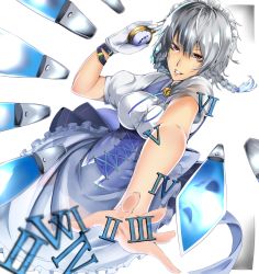 Rule 34 | 1girl, 5656 (lux door), bad id, bad pixiv id, braid, female focus, gloves, highres, hitotose hirune, izayoi sakuya, knife, maid headdress, outstretched arm, red eyes, short hair, silver hair, smile, solo, stopwatch, touhou, twin braids, watch, white gloves