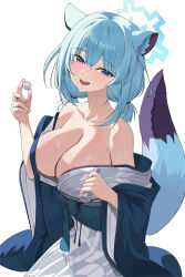 Rule 34 | 1girl, absurdres, animal ears, bath yukata, blue archive, blue halo, blush, breasts, cleavage, collarbone, commentary, cup, green hair, grey kimono, hair between eyes, halo, highres, holding, holding cup, japanese clothes, kimono, kookie, large breasts, long sleeves, looking at viewer, medium hair, obi, official alternate costume, open mouth, purple eyes, sash, shigure (blue archive), shigure (hot spring) (blue archive), simple background, smile, solo, tail, weasel ears, weasel tail, white background, wide sleeves, yukata