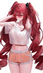 Rule 34 | 1girl, absurdres, black ribbon, blush, breasts, buruma, closed mouth, drill hair, highres, ignis (path to nowhere), long hair, medium breasts, midriff, muaooooo, navel, path to nowhere, red hair, ribbon, shirt, solo, twin drills, twintails, very long hair, white background, white shirt, yellow buruma, yellow eyes