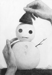 Rule 34 | button eyes, buttons, crafting, fingernails, graphite (medium), greyscale, hat, holding, holding clothes, holding hat, monochrome, noske, original, simple background, snow, snowman, stick, traditional media, white background