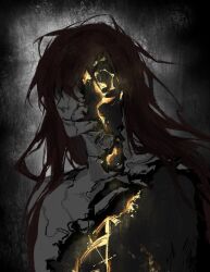 Rule 34 | 1boy, cracked skin, elden ring, gold aura, highres, hole on body, jiao chang, long hair, male focus, radagon of the golden order, red hair, upper body