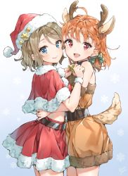 Rule 34 | 2girls, :d, ahoge, animal costume, animal ears, antlers, armband, bare shoulders, bell, belt, blue eyes, braid, breasts, capelet, christmas, closed mouth, collar, commentary request, cowboy shot, crop top, deer ears, deer tail, dress, earrings, fake animal ears, fur-trimmed capelet, fur-trimmed headwear, fur-trimmed skirt, fur trim, gradient background, green ribbon, grey hair, hair ribbon, hands up, hat, head tilt, highres, horns, hug, jewelry, looking at viewer, looking to the side, love live!, love live! sunshine!!, medium breasts, midriff, miniskirt, multiple girls, neck bell, open mouth, orange dress, orange hair, red capelet, red eyes, red hat, red shirt, red skirt, reindeer antlers, reindeer costume, ribbon, santa costume, santa hat, shirt, short hair, sidelocks, skirt, sleeveless, sleeveless dress, smile, snowflakes, standing, star (symbol), striped ribbon, tail, takami chika, takenoko no you, watanabe you, white background, wristband
