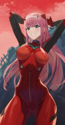 Rule 34 | 1girl, arms up, blunt bangs, bodysuit, breasts, commentary, cosplay, curvy, darling in the franxx, gloves, gluteal fold, green eyes, grin, hairband, headgear, highres, horns, interface headset, large breasts, long hair, m.q (mqkyrie), neon genesis evangelion, oni, oni horns, pilot suit, pink hair, plugsuit, red bodysuit, red gloves, red horns, red sky, science fiction, shiny clothes, skin tight, sky, smile, solo, souryuu asuka langley, souryuu asuka langley (cosplay), teeth, very long hair, white hairband, wide hips, zero two (darling in the franxx)