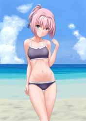 Rule 34 | 1girl, alternate costume, bare arms, bare shoulders, beach, bikini, black ribbon, blue bikini, blue eyes, blue sky, blush, breasts, closed mouth, cloud, collarbone, commentary request, day, frown, hair between eyes, hair ribbon, hand up, highres, horizon, kantai collection, looking at viewer, medium breasts, navel, ocean, outdoors, pink hair, ribbon, shiranui (kancolle), short ponytail, sky, solo, swimsuit, t2r