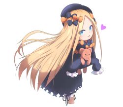 Rule 34 | 1girl, :d, abigail williams (fate), black bow, black dress, black hat, blonde hair, bloomers, blue eyes, blush, bow, bug, butterfly, clip studio paint (medium), commentary request, cropped legs, dress, fate/grand order, fate (series), forehead, hair bow, hat, heart, highres, hugging object, idaten93, insect, long hair, long sleeves, looking at viewer, multiple hair bows, open mouth, orange bow, parted bangs, polka dot, polka dot bow, simple background, sleeves past fingers, sleeves past wrists, smile, solo, stuffed animal, stuffed toy, teddy bear, underwear, very long hair, white background, white bloomers