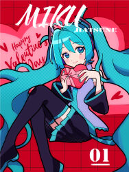 Rule 34 | 1girl, blue eyes, blue hair, blush stickers, boots, box, character name, collared shirt, detached sleeves, hair ornament, happy valentine, hatsune miku, heart, heart-shaped box, highres, holding, holding box, knees up, long hair, long sleeves, looking at viewer, nail polish, necktie, pleated skirt, shirt, sitting, skirt, sleeveless, sleeveless shirt, smile, solo, sugarmonaka, thigh boots, twintails, valentine, very long hair, vocaloid