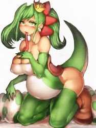 Rule 34 | 1girl, bare shoulders, belly, breasts, cleavage, covered erect nipples, dinosaur tail, earrings, egg, full body, fumio (rsqkr), green eyes, green hair, green thighhighs, huge breasts, jewelry, long hair, long tongue, mario (series), new super mario bros. u deluxe, nintendo, ponytail, princess, shoes, simple background, solo, super crown, tail, thighhighs, tongue, white background, yoshi