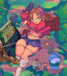 Rule 34 | 1girl, 2boys, ahoge, bound, breasts, brown hair, commentary, dipper pines, english commentary, grappling hook, gravity falls, green eyes, hairband, highres, long hair, mabel pines, multiple boys, navel, pleated skirt, shibari, skirt, small breasts, stanford pines, starmilk