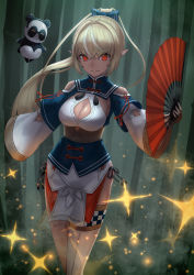Rule 34 | 1girl, absurdres, bare shoulders, black gloves, blonde hair, blue bow, bow, breasts, cleavage, commentary request, dark-skinned female, dark elf, dark skin, elf, fingerless gloves, gloves, hair bow, hair ornament, highres, hololive, huge filesize, long hair, long sleeves, looking at viewer, panda, peppertomo, pointy ears, ponytail, red eyes, ribbon, shiranui flare, shiranui flare (old design), smile, solo, virtual youtuber, wide sleeves