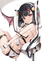 Rule 34 | 1girl, absurdres, ass, ass grab, back, bare shoulders, bell, black hair, bra, cat tail, choker, demon horns, demon wings, grabbing own ass, hair ornament, hairband, highres, horns, jingle bell, looking at viewer, looking back, mini wings, multicolored hair, original, panties, parted lips, red eyes, ribbon, short hair, solo, streaked hair, tail, thigh strap, underwear, underwear only, white bra, white panties, white ribbon, wings, yayoichi (yoruyoru108)