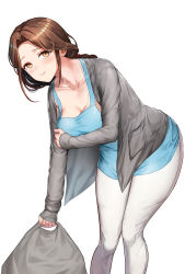 Rule 34 | 1girl, arm across chest, bad id, bad pixiv id, bag, bent over, blush, breasts, brown eyes, brown hair, cardigan, cleavage, collarbone, greem bang, grey cardigan, highres, holding, holding bag, large breasts, long hair, open cardigan, open clothes, original, pants, parted bangs, sidelocks, simple background, smile, solo, trash bag, white background, white pants