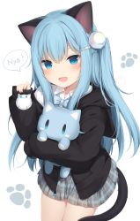 Rule 34 | 1girl, :d, amashiro natsuki, animal ears, animal hood, bad id, bad pixiv id, black jacket, blue bow, blue eyes, blue hair, blush, bow, cat ears, cat girl, cat hood, cat tail, collared shirt, commentary request, dress shirt, fake animal ears, fang, grey skirt, hair between eyes, hair ornament, hairclip, highres, hood, hood down, hooded jacket, jacket, long hair, long sleeves, looking at viewer, nekoha shizuku, hugging object, one side up, open mouth, original, plaid, plaid skirt, pleated skirt, puffy long sleeves, puffy sleeves, romaji text, shirt, simple background, skirt, sleeves past wrists, smile, solo, speech bubble, stuffed animal, stuffed cat, stuffed toy, tail, very long hair, white background, white shirt