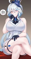 Rule 34 | 1girl, :q, absurdres, ahoge, ascot, bare arms, bare shoulders, black ascot, black gloves, blue eyes, blue hair, blue headwear, breasts, brooch, commentary, crossed legs, english text, feet out of frame, furina (genshin impact), genshin impact, gloves, gradient background, grey background, hair between eyes, highres, jewelry, kanta (kanta 077), large breasts, long hair, looking at viewer, shirt, sitting, sleeveless, sleeveless shirt, smile, solo, speech bubble, thigh strap, thighs, tongue, tongue out, very long hair, white shirt