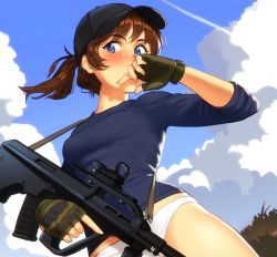 Rule 34 | 1girl, assault rifle, baseball cap, black hat, blue eyes, blue sweater, blush, breasts, brooke (mleth), brown hair, bullpup, commentary, english commentary, fingerless gloves, folded ponytail, freckles, gloves, green gloves, gun, hat, holding, holding gun, holding weapon, medium hair, mleth, no pants, original, outdoors, paid reward available, panties, rifle, short ponytail, sleeves pushed up, small breasts, solo, steyr aug, sweater, trigger discipline, underwear, updo, weapon, white panties