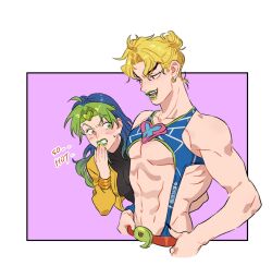 Rule 34 | 1boy, 1girl, abs, black nails, blonde hair, blush, bracelet, breasts, commentary, cosplay, costume switch, dio brando, english commentary, english text, green eyes, green hair, green lips, green nails, hair bun, headband, highres, honlo, jacket, jewelry, jojo no kimyou na bouken, kuujou jolyne, lipstick, long hair, long sleeves, looking at another, makeup, medium breasts, midriff, multicolored hair, muscular, muscular male, navel, pectorals, red eyes, spider web print, stardust crusaders, stone ocean, sweatdrop, two-tone hair, yellow jacket