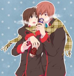 Rule 34 | 2boys, bad id, bad twitter id, blush, breath, brown eyes, brown hair, can, cold, company name, drinking, hug, little busters!, looking at another, male focus, multiple boys, naoe riki, natsume kyousuke, necktie, open mouth, plaid, plaid scarf, polka dot, polka dot background, red eyes, red hair, scarf, school uniform, surprised, sweatdrop, yaoi