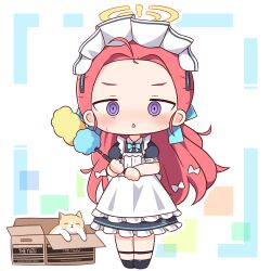 Rule 34 | 1girl, ahoge, animal, apron, black dress, black footwear, blue archive, blush, box, cardboard box, cat, dress, duster, forehead, frilled apron, frills, full body, halo, hana kazari, highres, holding, holding duster, long hair, looking at viewer, maid, maid apron, maid headdress, official alternate costume, open mouth, purple eyes, red hair, shoes, short sleeves, solo, standing, triangle mouth, white apron, yellow halo, yuzu (blue archive), yuzu (maid) (blue archive)
