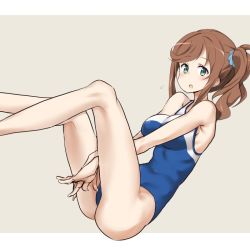 Rule 34 | 10s, 1girl, bare shoulders, blush, breasts, brown eyes, brown hair, coco nesta, competition school swimsuit, competition swimsuit, green eyes, hair ornament, hair scrunchie, high school fleet, ise sakura, long hair, looking at viewer, lying, on back, one-piece swimsuit, open mouth, school swimsuit, scrunchie, side ponytail, solo, swimsuit