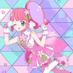 Rule 34 | 1girl, ;p, blue eyes, boots, commentary request, flower, gloves, hair flower, hair ornament, hand on own face, hands up, heart, idol clothes, kanon (pripara), kuroda keeshi, long hair, looking at viewer, multicolored hair, one eye closed, pink flower, pink footwear, pink hair, pink skirt, pretty series, pripara, purple hair, shirt, side ponytail, skirt, smile, solo, tehepero, tongue, tongue out, white gloves, white shirt
