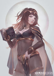 Rule 34 | 1girl, black eyes, black hair, book, bracelet, breasts, brown hair, cape, cglas, cleavage, covered navel, fire emblem, fire emblem awakening, holding, holding book, jewelry, long hair, looking to the side, medium breasts, nintendo, open book, parted lips, see-through, solo, standing, tharja (fire emblem), watermark, web address