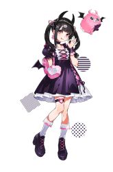 Rule 34 | 1girl, backpack, bag, black choker, black dress, black hair, choker, creature, demon horns, denonbu, dress, earrings, frills, gothic lolita, hair ribbon, heart, horns, jewelry, kneehighs, lolita fashion, looking at viewer, mika pikazo, official art, puffy sleeves, red eyes, reml, ribbon, short hair, smile, socks, solo, standing, tongue, tongue out, transparent background, twintails