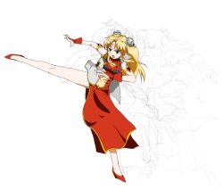 Rule 34 | 00s, 1girl, blonde hair, china dress, chinese clothes, dress, female focus, full body, galaxy angel, high heels, nyama, partially colored, ranpha franboise, shoes, solo, white background