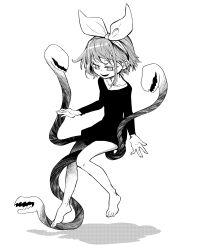 Rule 34 | 1girl, \||/, absurdres, alternate costume, barefoot, bow hairband, commentary request, dress, floating, full body, greyscale, hair ornament, hairband, hairclip, hametsu no negai (vocaloid), highres, kagamine rin, long sleeves, looking down, monochrome, open mouth, ringed eyes, short dress, short hair, simple background, smile, solo, tentacles, tokita (jyabarachan), vocaloid