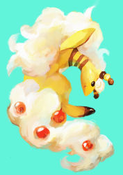 Rule 34 | absurdres, ampharos, aomidori iro, black eyes, blue background, commentary request, creature, creatures (company), full body, game freak, gen 2 pokemon, highres, jumping, looking at viewer, mega ampharos, mega pokemon, nintendo, no humans, pokemon, pokemon (creature), simple background, solo